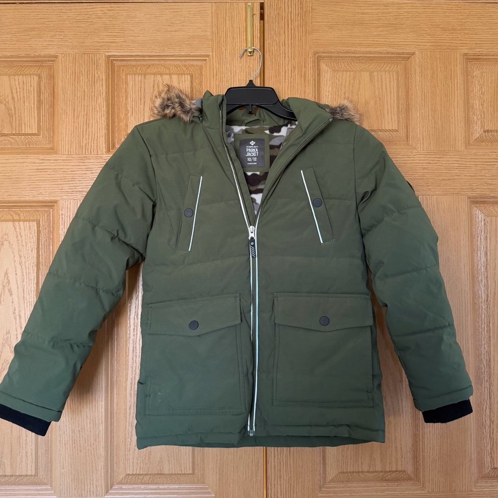Kids Olive Green Puffer Jacket with Faux Fur Hood